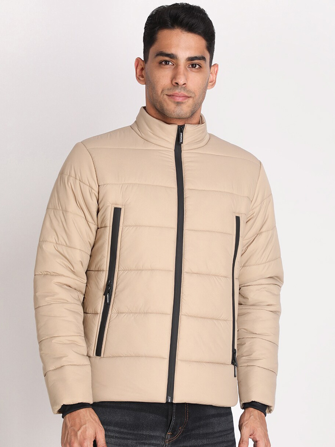 

CHKOKKO Men Beige Lightweight Crop Outdoor Puffer Jacket