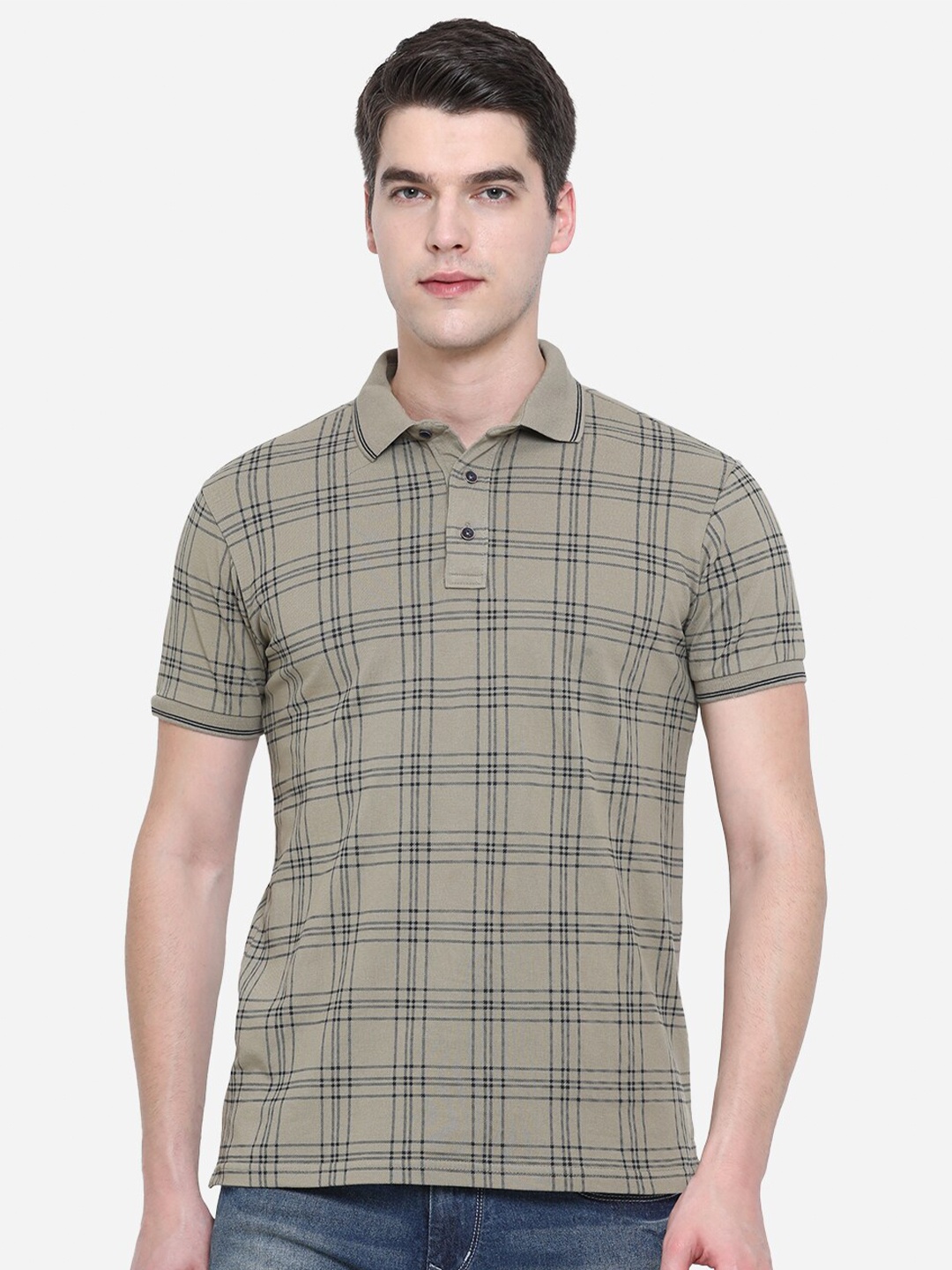 

JADE BLUE Men Green Checked Polo Collar Monochrome Pure Cotton Slim Fit T-shirt