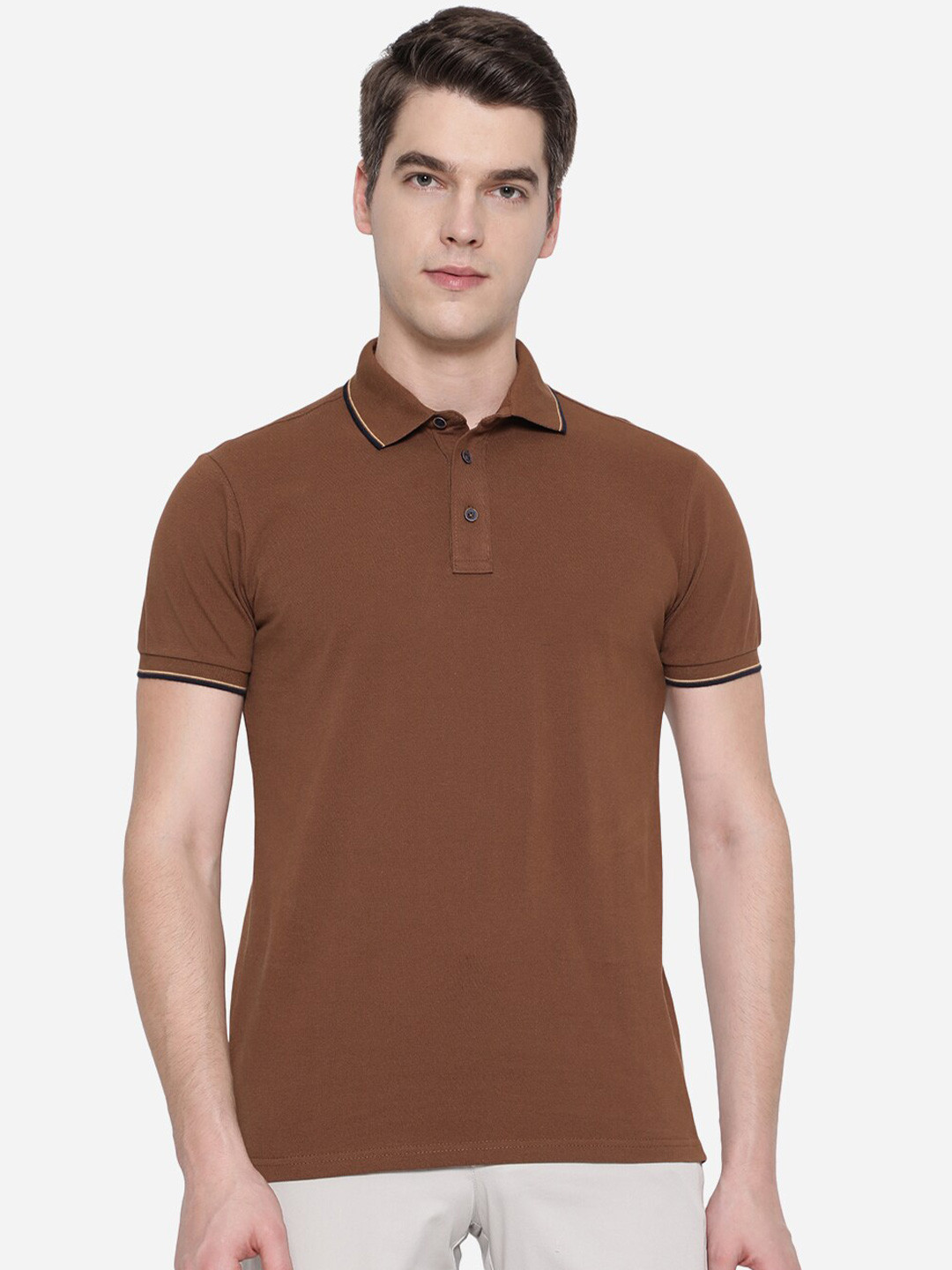 

JADE BLUE Men Brown Polo Collar Pure Cotton Slim Fit T-shirt
