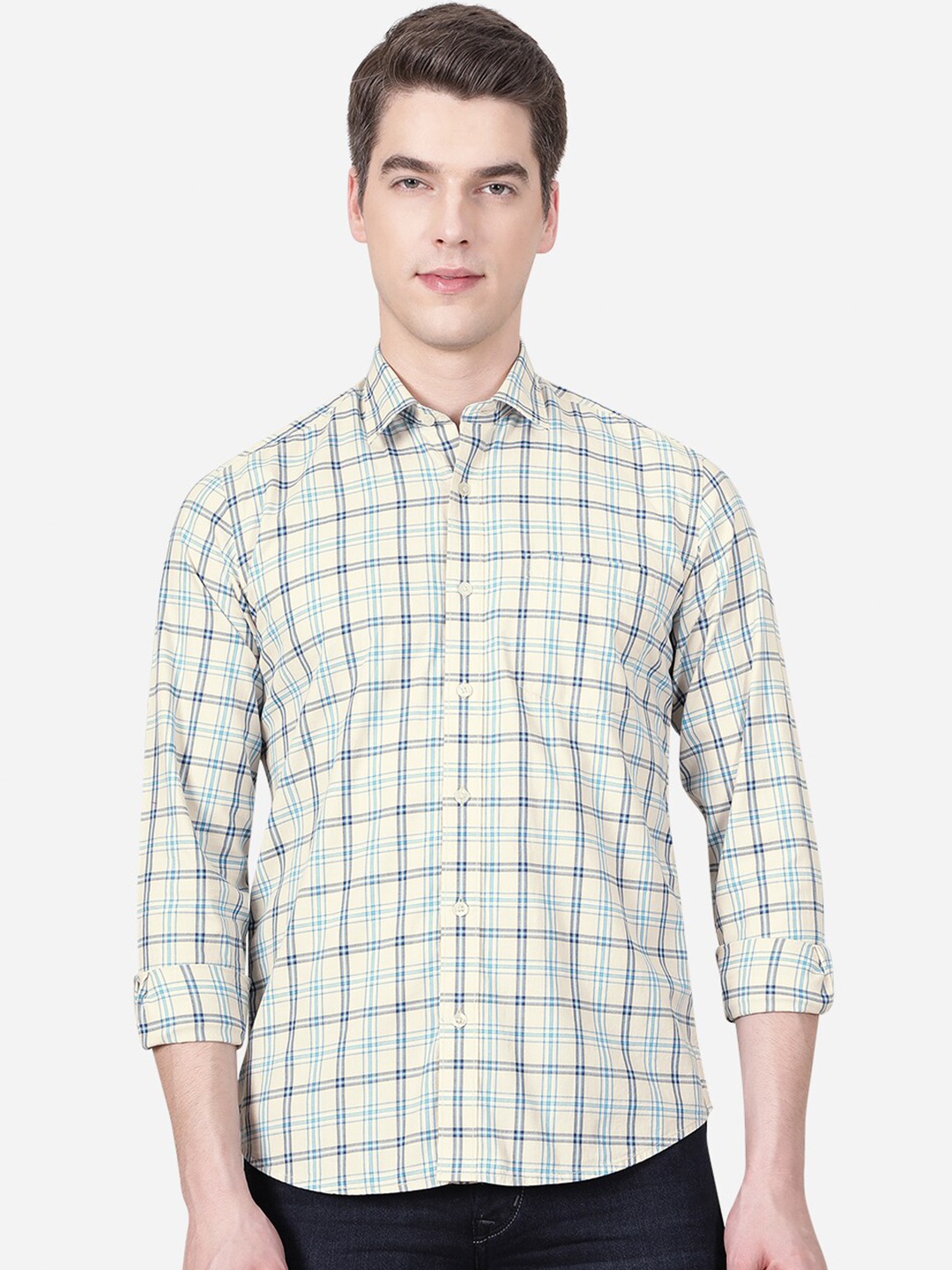 

JADE BLUE Men Beige Slim Fit Checked Casual Shirt