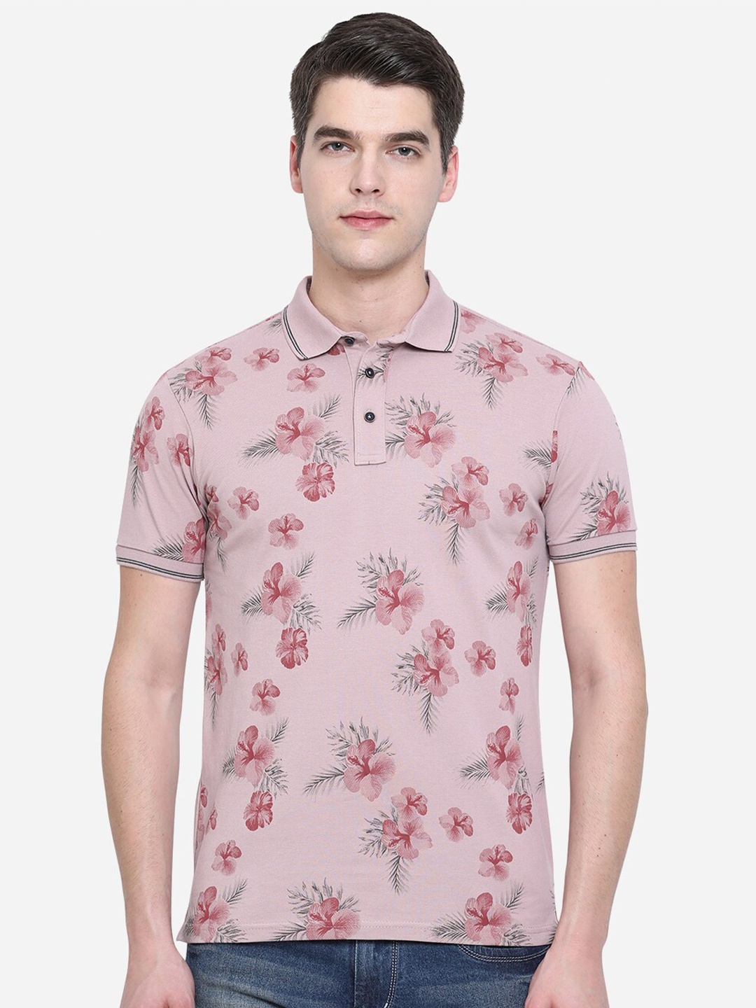 

JADE BLUE Men Pink Floral Printed Polo Collar Pure Cotton Slim Fit T-shirt