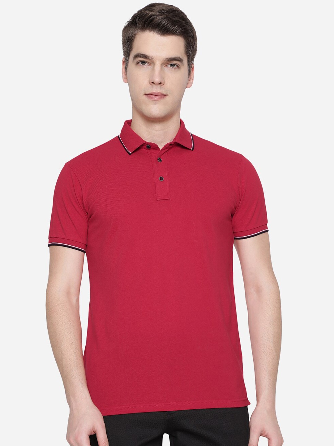 

JADE BLUE Men Red Polo Collar Pure Cotton Applique Slim Fit T-shirt