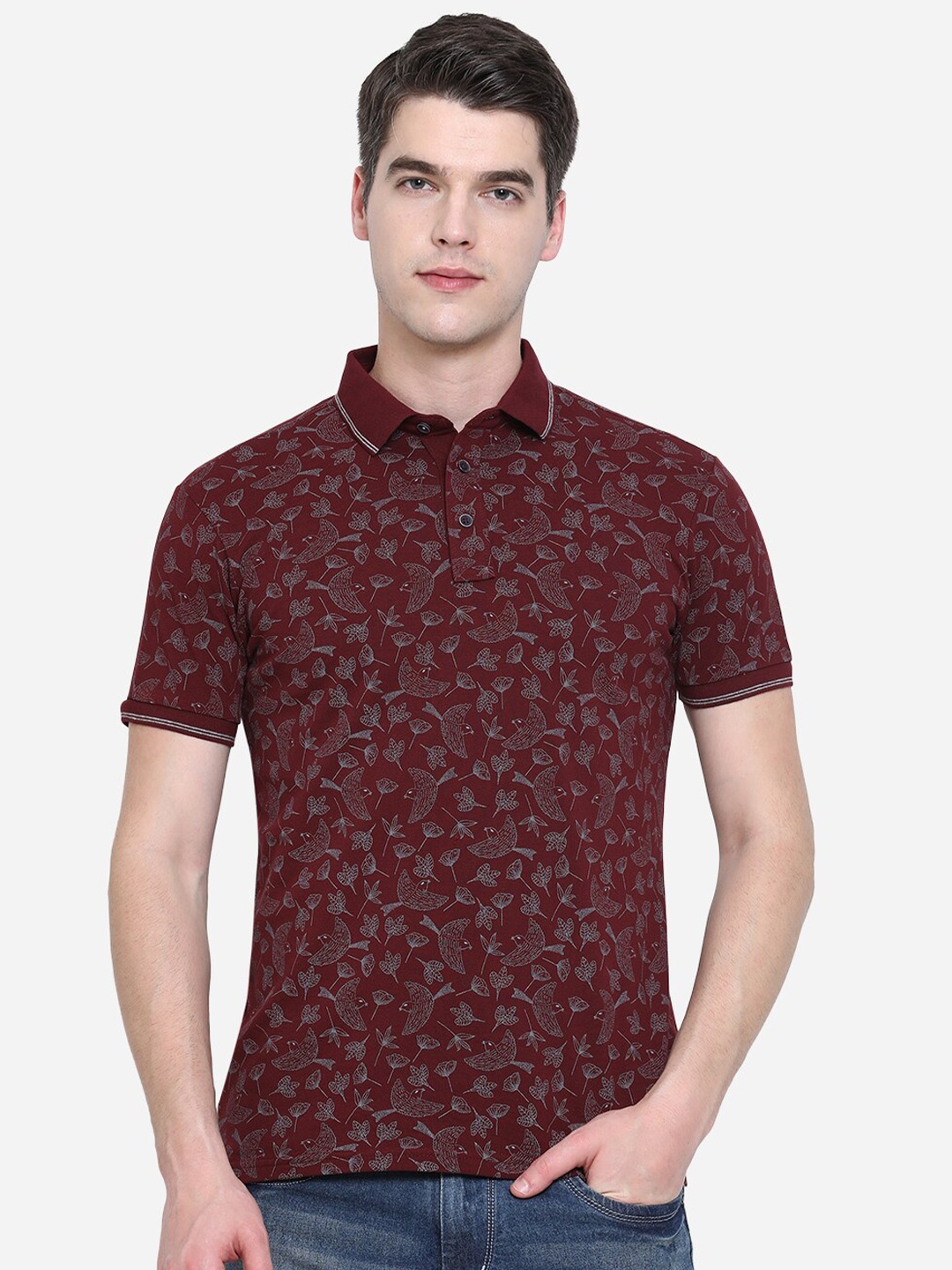 

JADE BLUE Men Maroon Floral Printed Polo Collar Pure Cotton Slim Fit T-shirt
