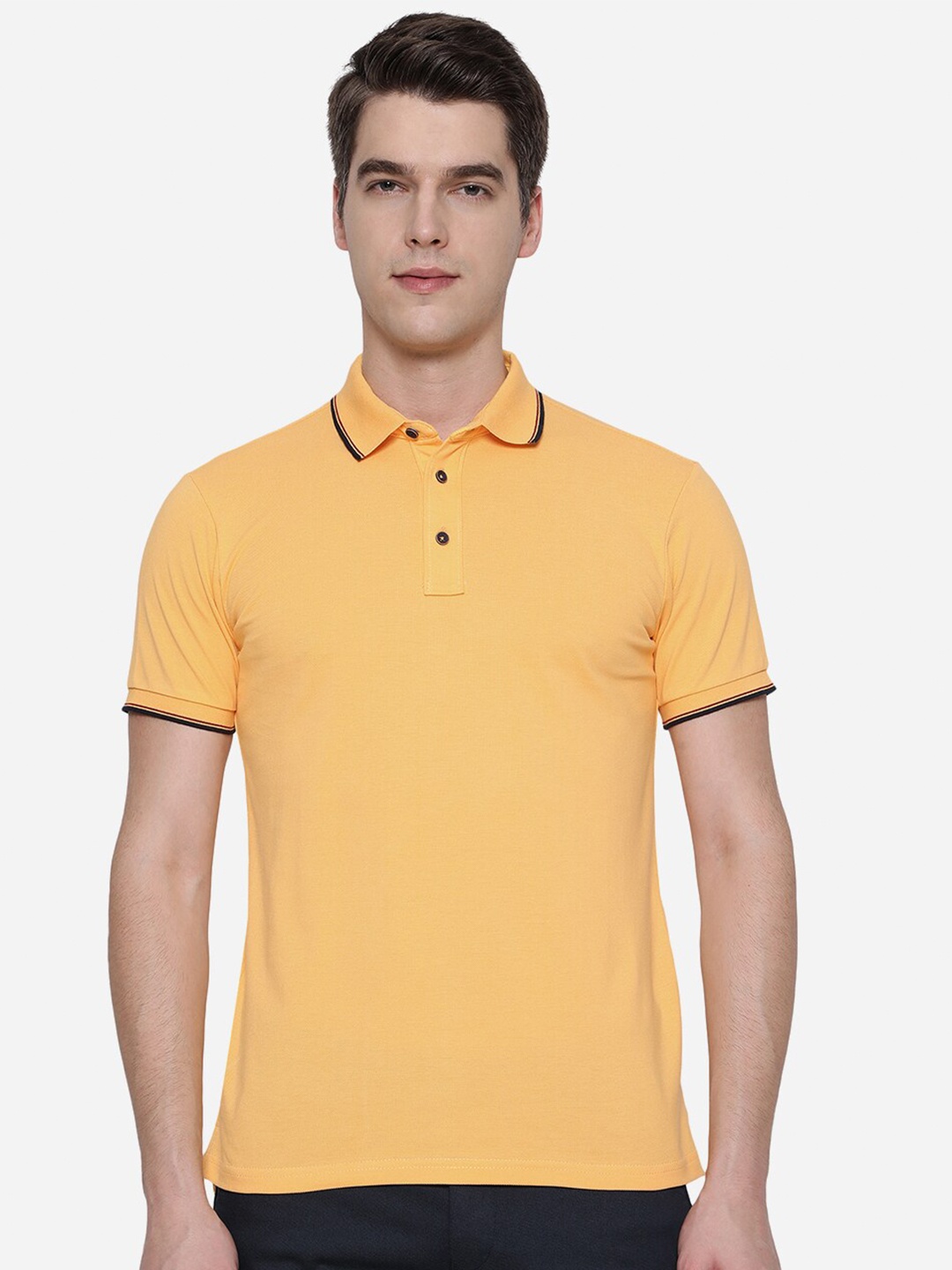 

JADE BLUE Men Yellow Polo Collar Pure Cotton Slim Fit T-shirt