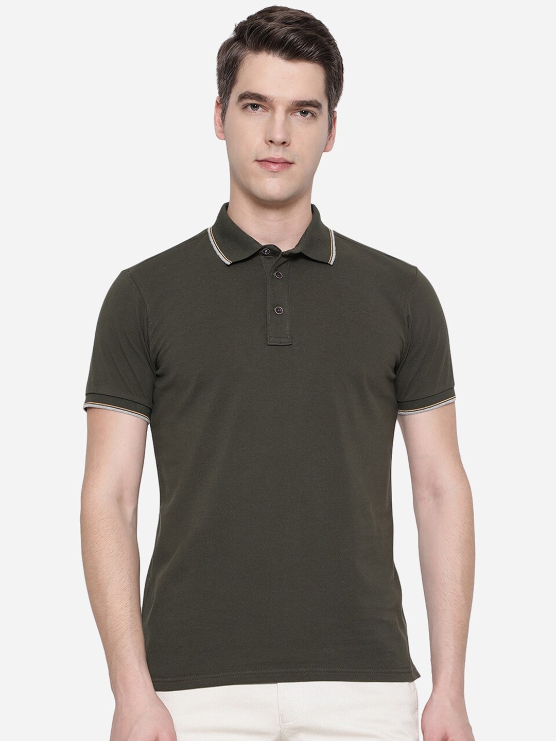 

JADE BLUE Men Green Polo Collar Pure Cotton Slim Fit T-shirt