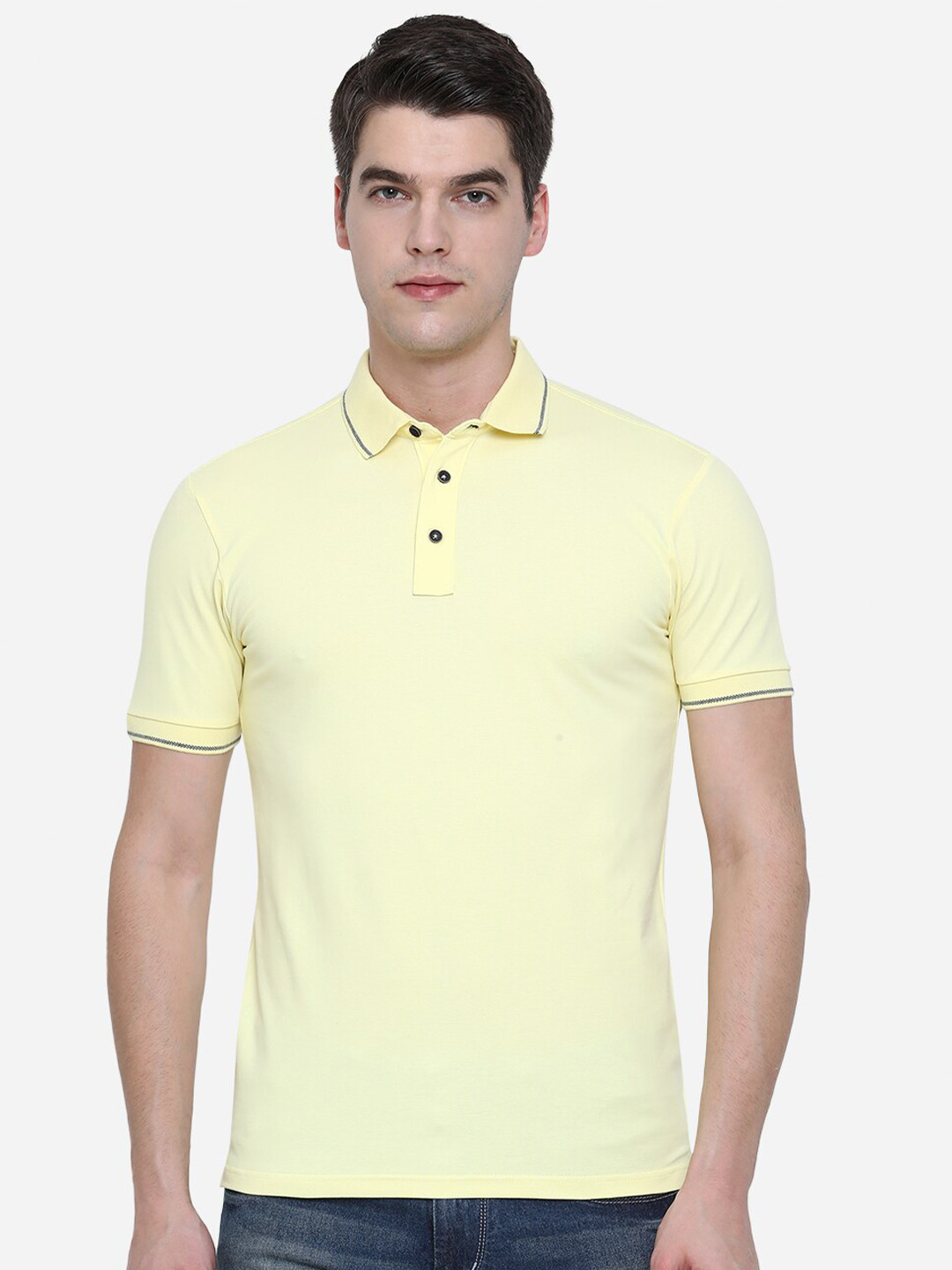 

JADE BLUE Men Yellow Polo Collar Pure Cotton Slim Fit T-shirt