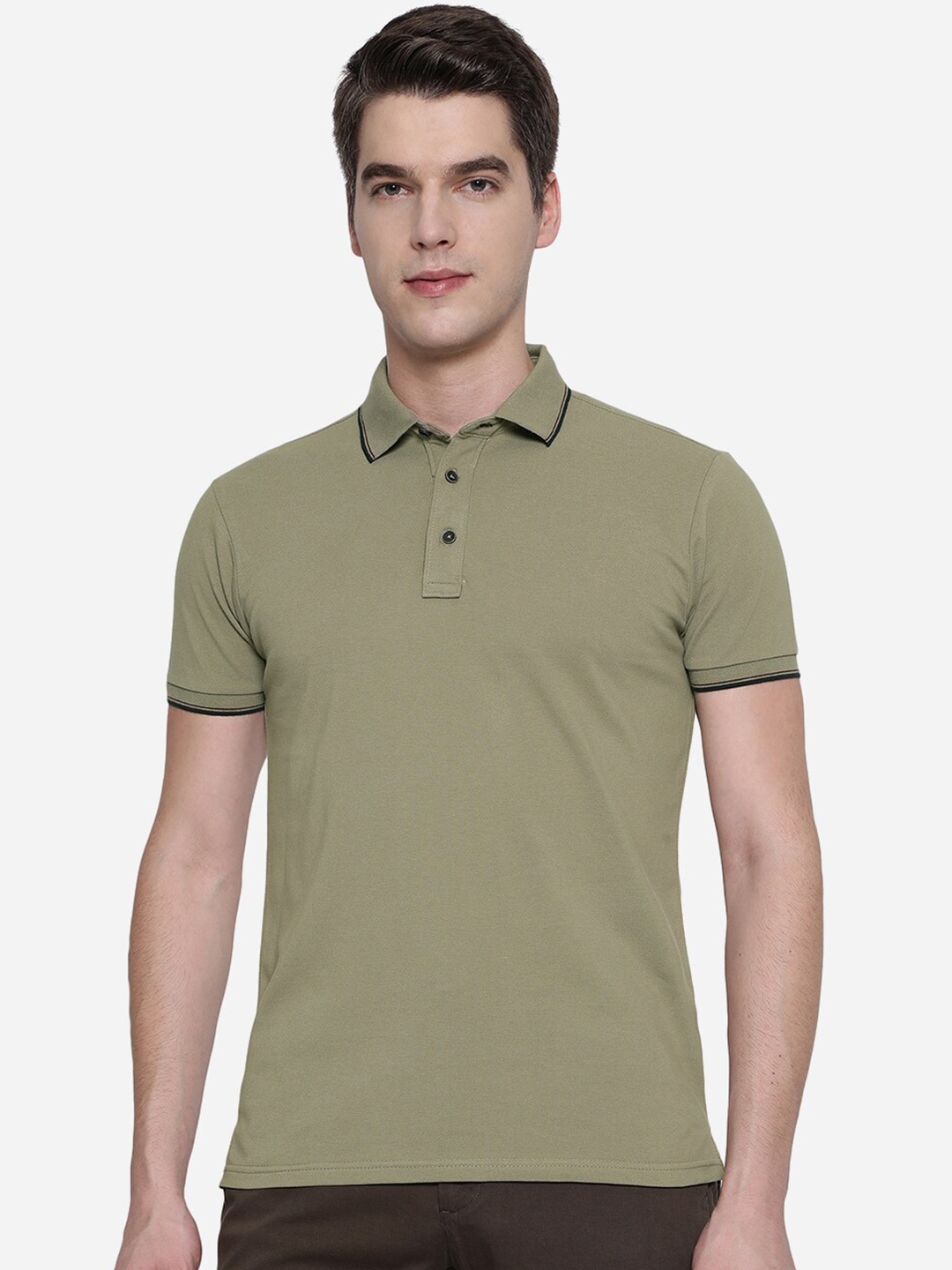 

JADE BLUE Men Green Polo Collar Pure Cotton Slim Fit T-shirt