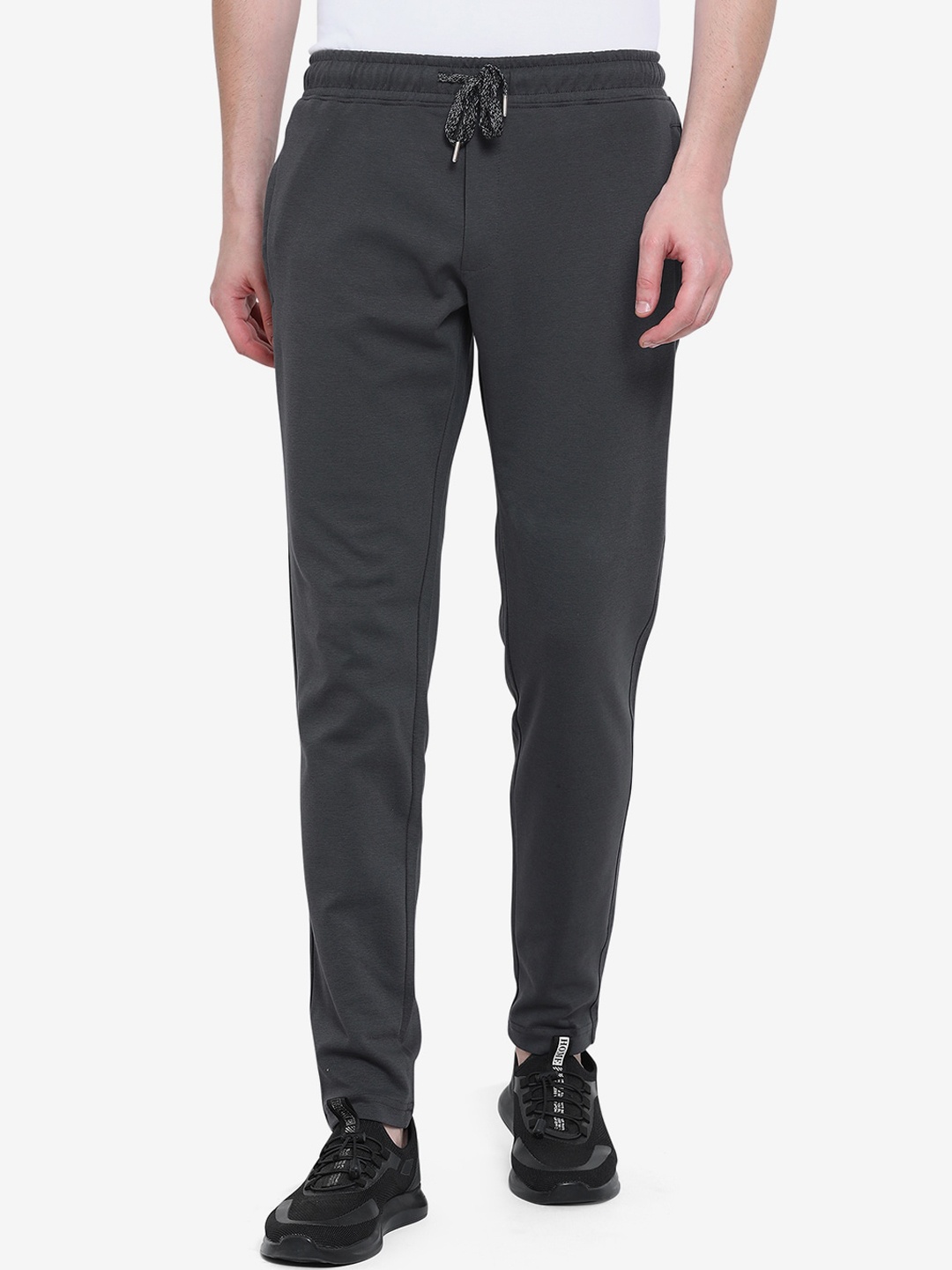 

JADE BLUE Men Charcoal Grey Solid Pure Cotton Slim-Fit Track Pants