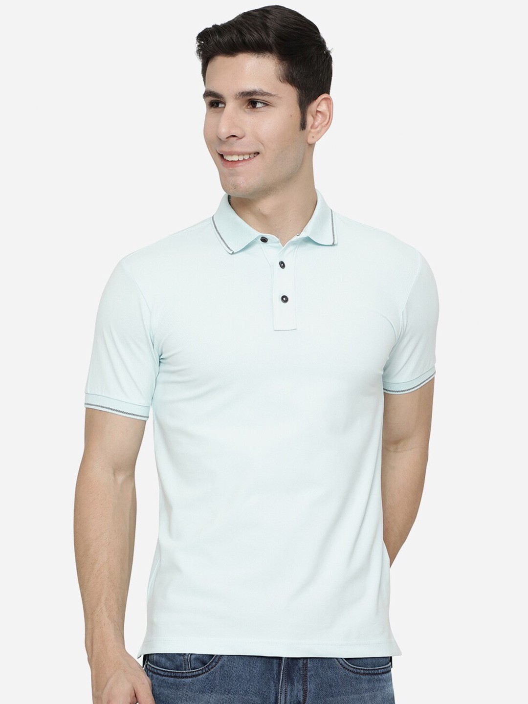 

JADE BLUE Men Blue Polo Collar Pure Cotton Applique Slim Fit T-shirt