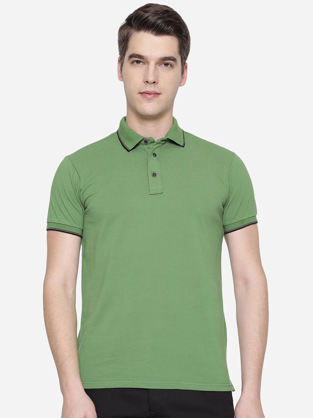 

JADE BLUE Men Green Polo Collar Pure Cotton Applique Slim Fit T-shirt