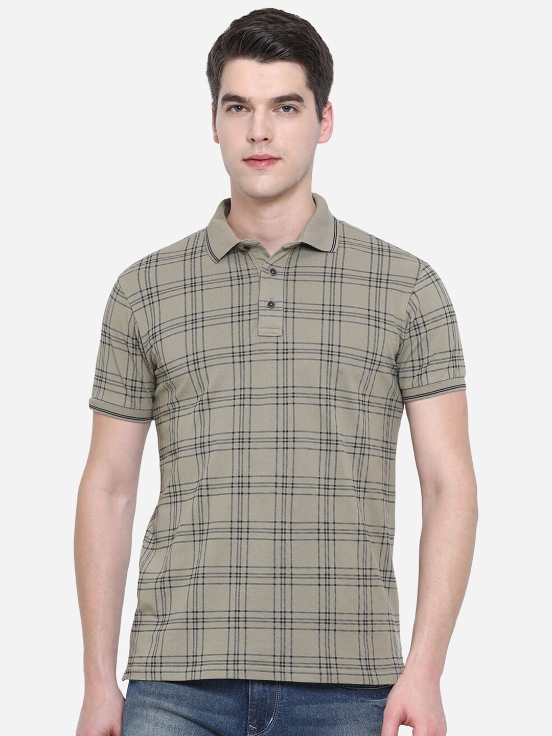 

JADE BLUE Men Green Checked Polo Collar Monochrome Pure Cotton Slim Fit T-shirt