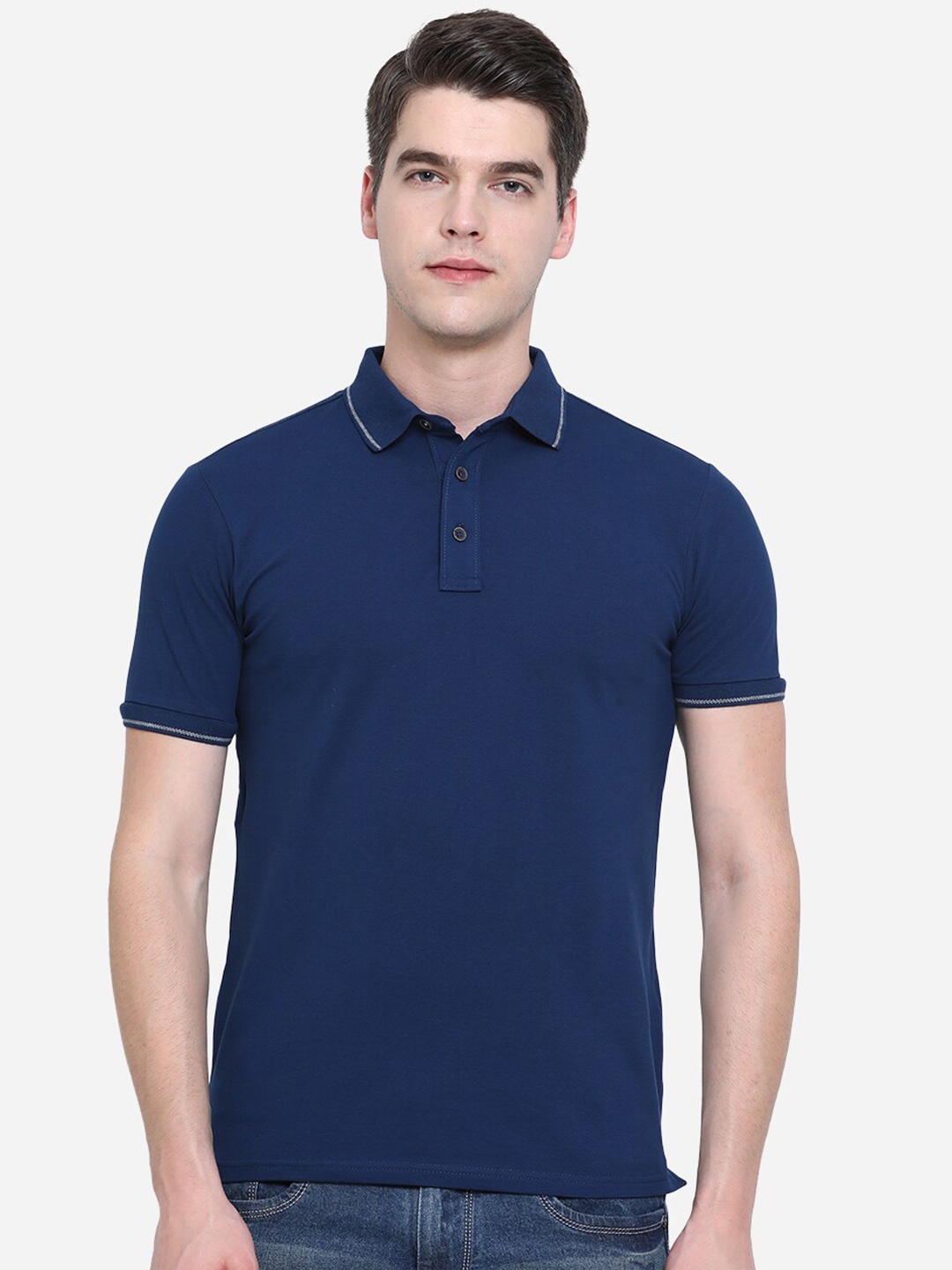 

JADE BLUE Men Blue Polo Collar Pure Cotton Slim Fit T-shirt