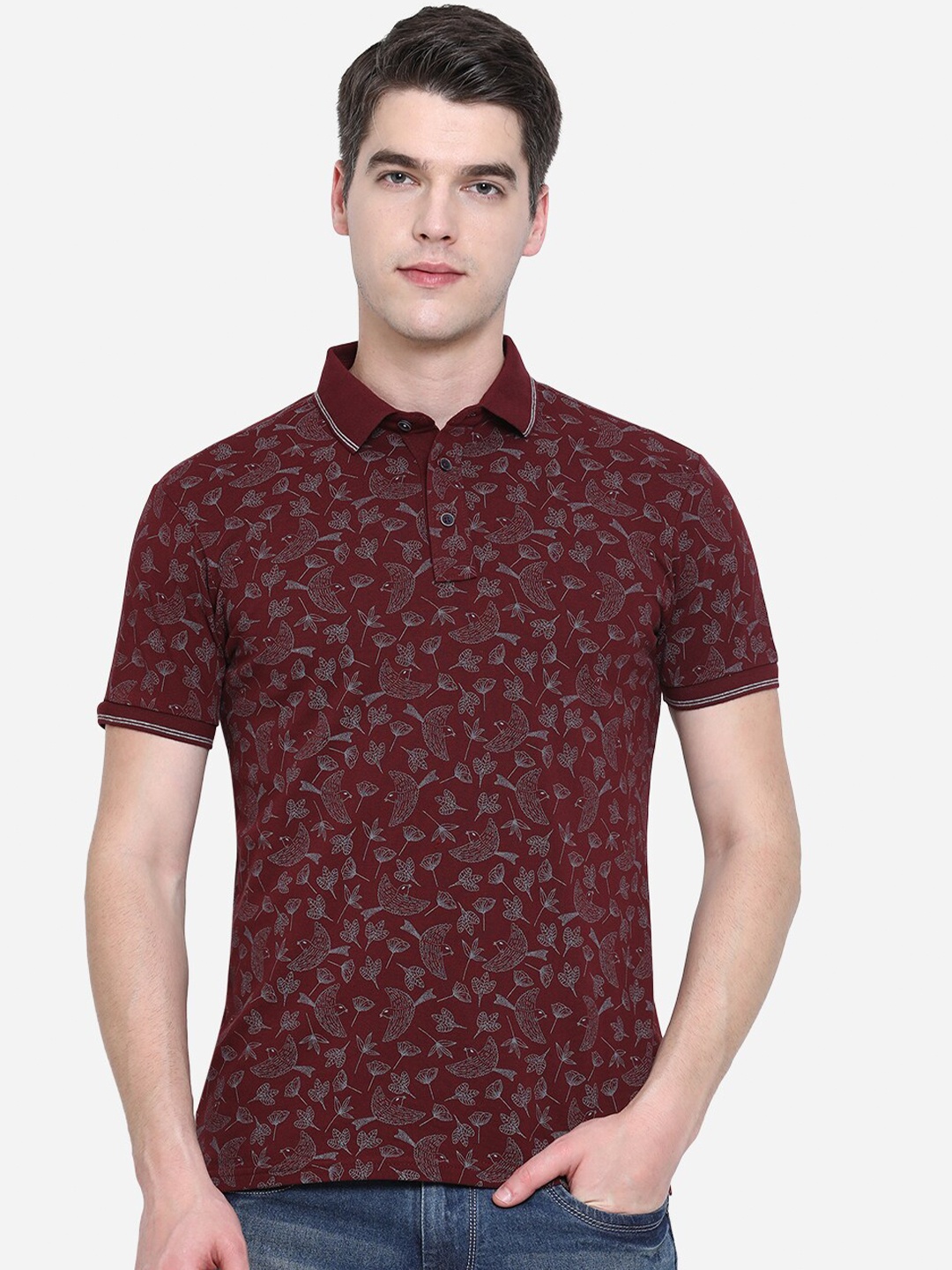 

JADE BLUE Men Maroon Floral Printed Polo Collar Pure Cotton Slim Fit T-shirt
