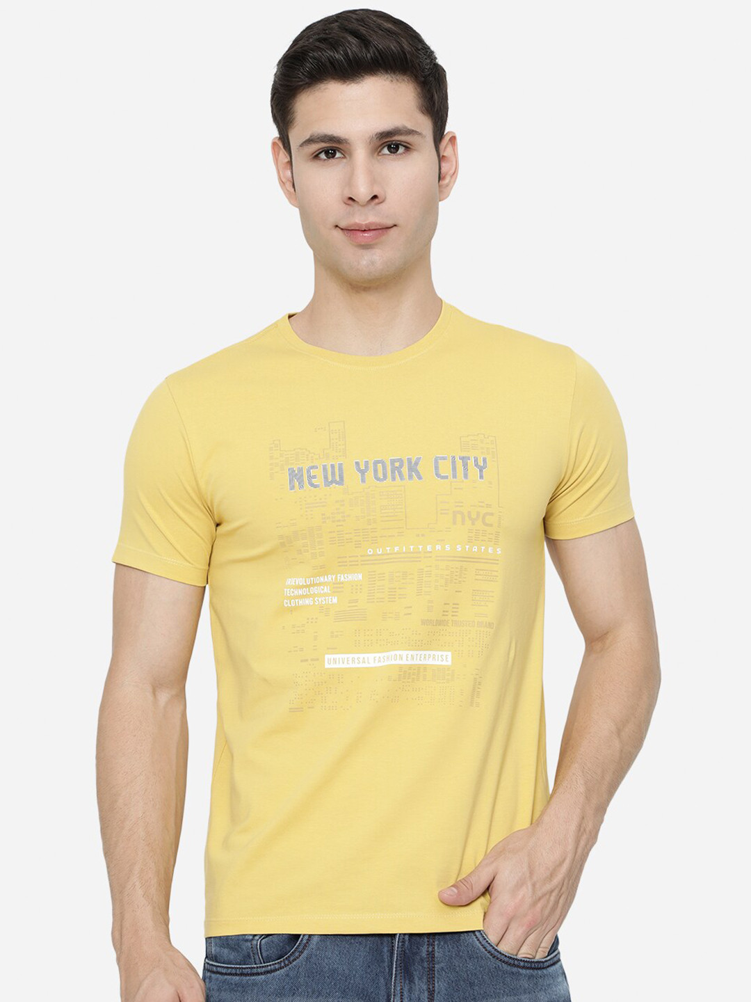 

JADE BLUE Men Yellow Printed Pure Cotton Slim Fit T-shirt