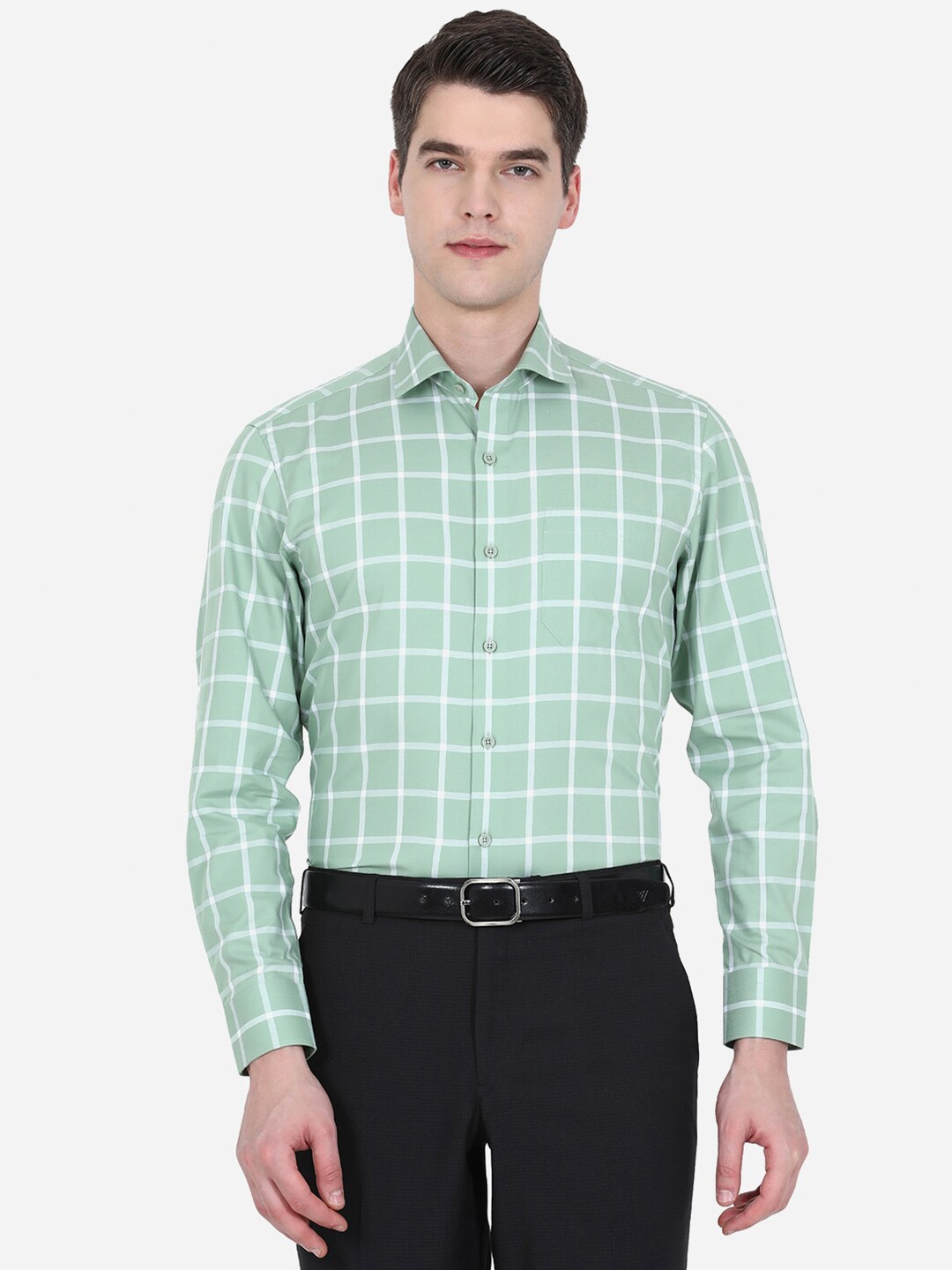 

JADE BLUE Men Green Slim Fit Windowpane Checks Checked Formal Shirt