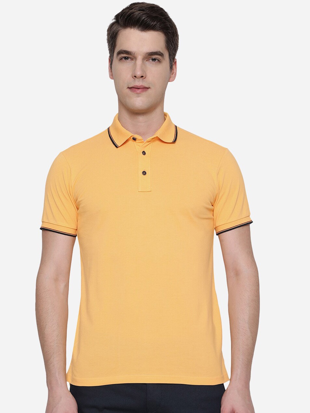 

JADE BLUE Men Yellow Polo Collar Pure Cotton Slim Fit T-shirt