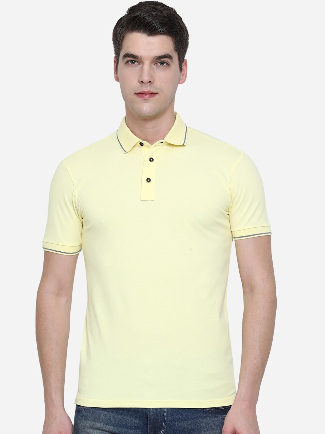 

JADE BLUE Men Yellow Polo Collar Pure Cotton Slim Fit T-shirt