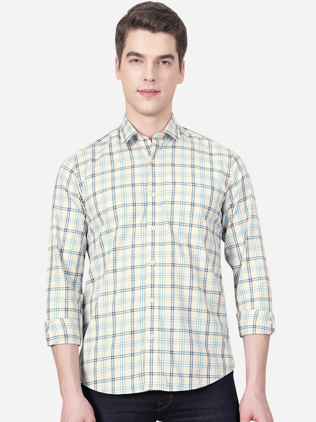 

JADE BLUE Men Beige Slim Fit Checked Casual Shirt
