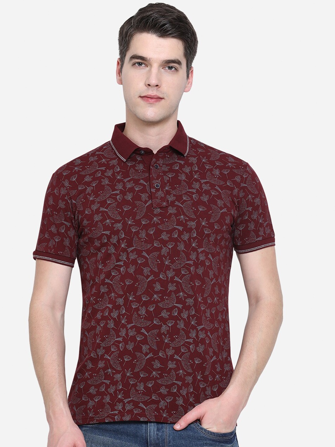 

JADE BLUE Men Maroon Floral Printed Polo Collar Pure Cotton Slim Fit T-shirt