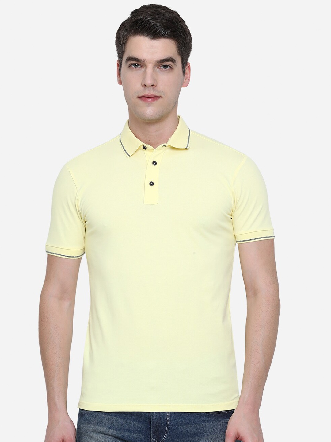

JADE BLUE Men Yellow Polo Collar Pure Cotton Slim Fit T-shirt