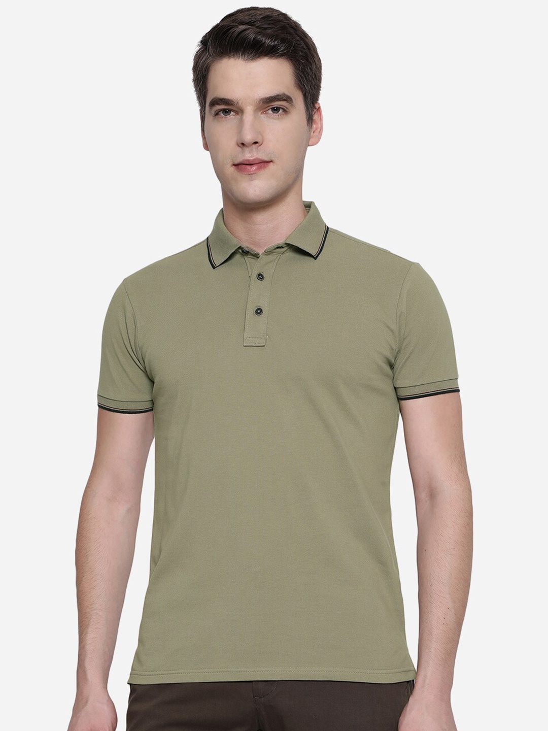 

JADE BLUE Men Green Polo Collar Pure Cotton Slim Fit T-shirt