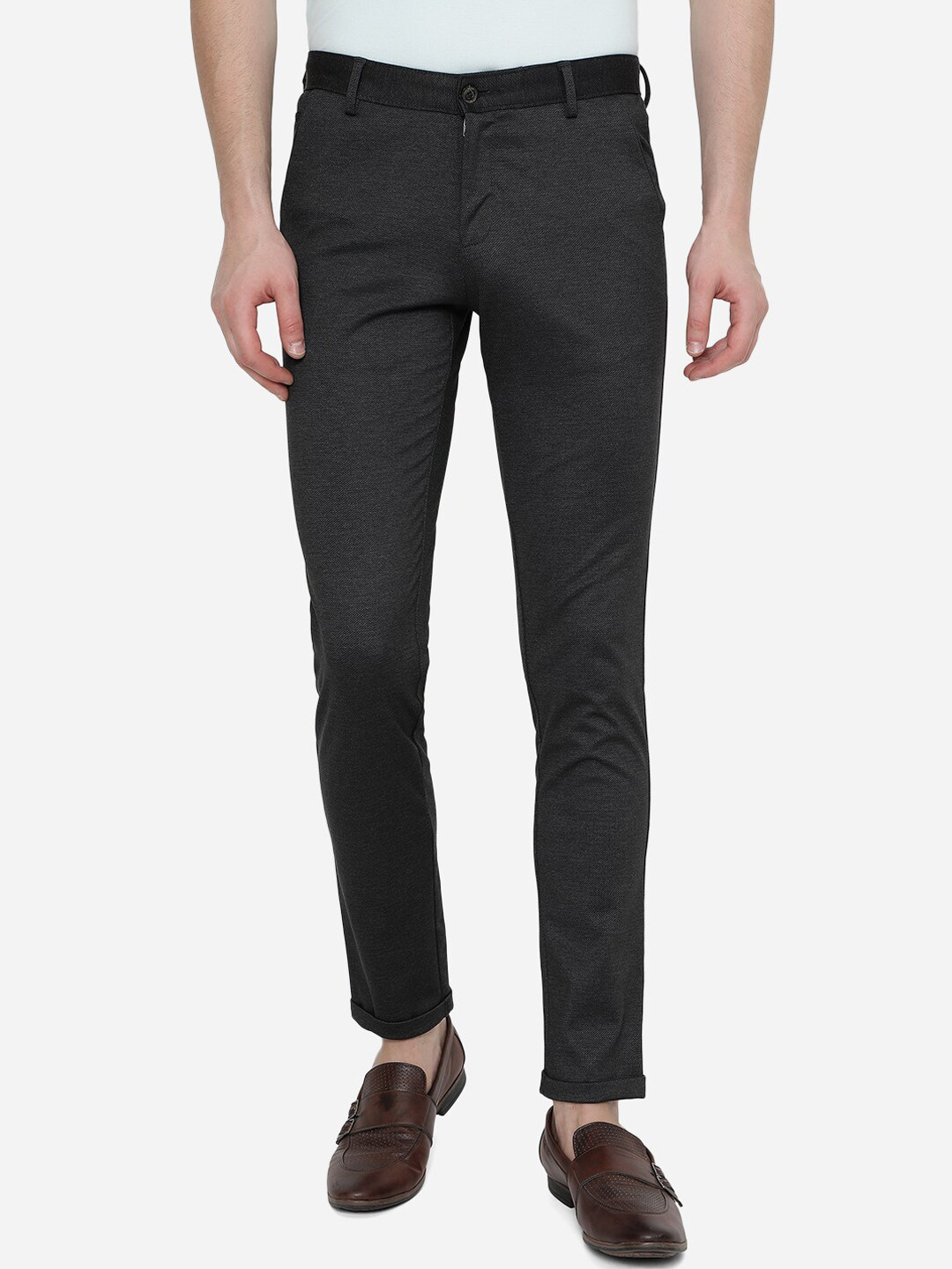 

JADE BLUE Men Black Textured Slim Fit Trousers