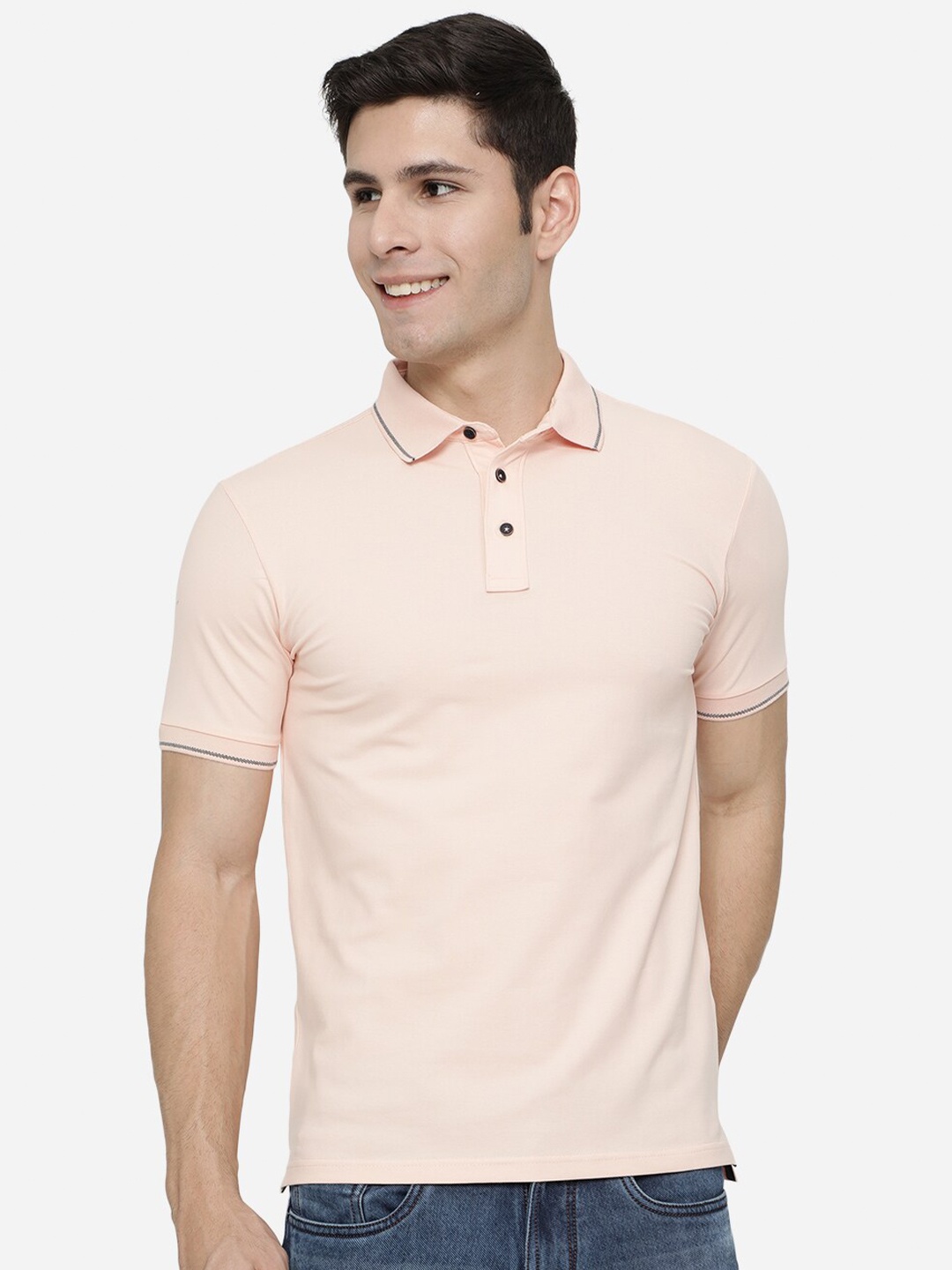 

JADE BLUE Men Peach-Coloured Polo Collar Pure Cotton Slim Fit T-shirt