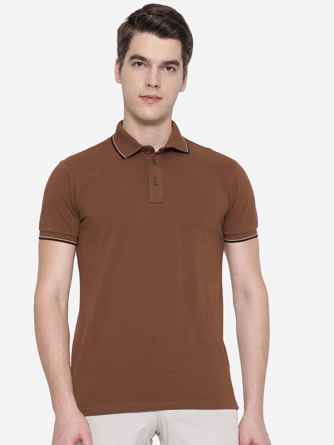 

JADE BLUE Men Brown Polo Collar Pure Cotton Slim Fit T-shirt