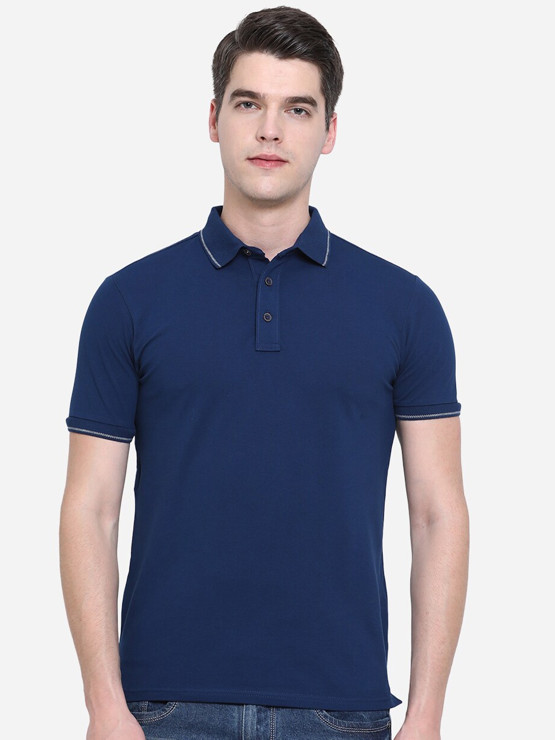 

JADE BLUE Men Blue Polo Collar Pure Cotton Slim Fit T-shirt