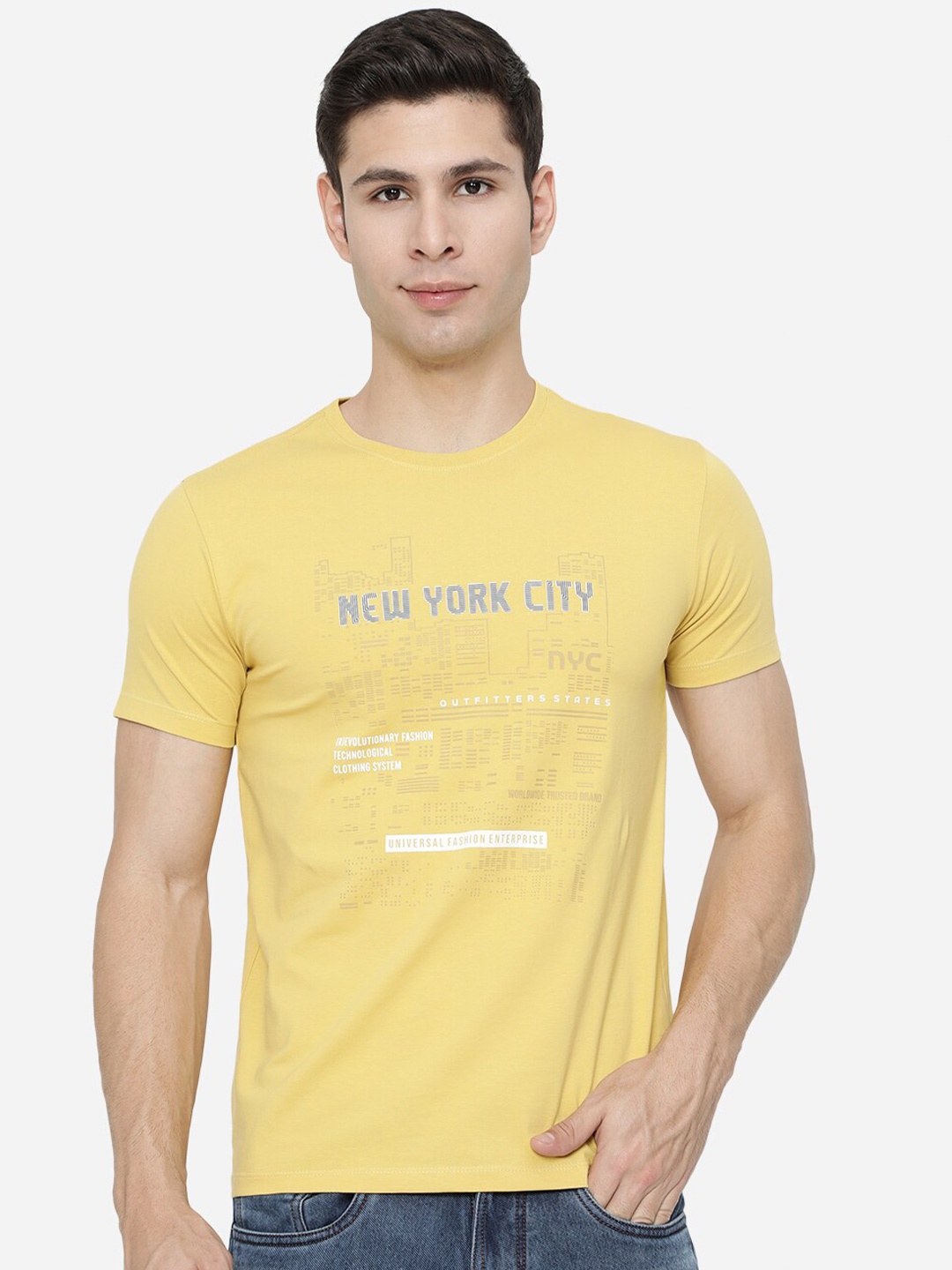 

JADE BLUE Men Yellow Printed Pure Cotton Slim Fit T-shirt