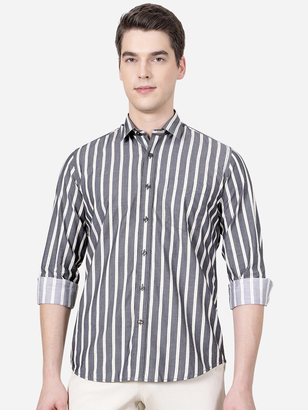 

JADE BLUE Men Black Slim Fit Striped Casual Shirt