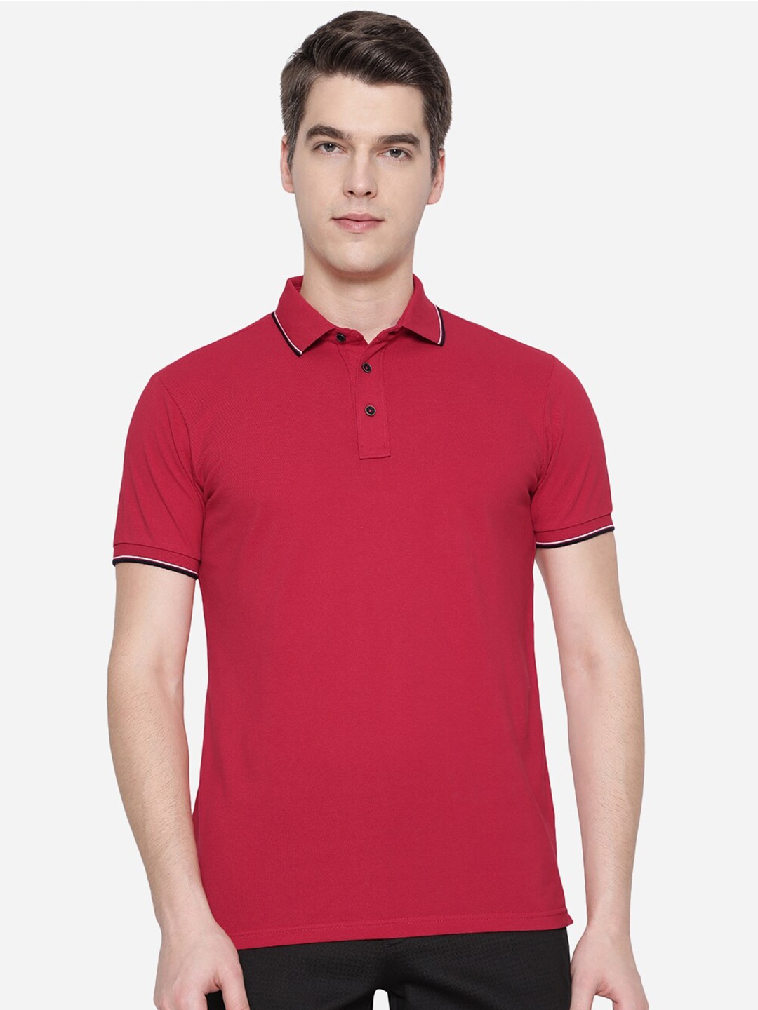 

JADE BLUE Men Red Polo Collar Pure Cotton Applique Slim Fit T-shirt