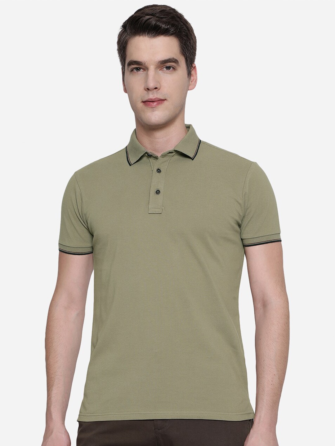 

JADE BLUE Men Green Polo Collar Pure Cotton Slim Fit T-shirt