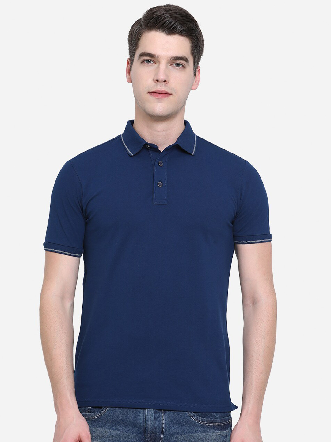 

JADE BLUE Men Blue Polo Collar Pure Cotton Slim Fit T-shirt