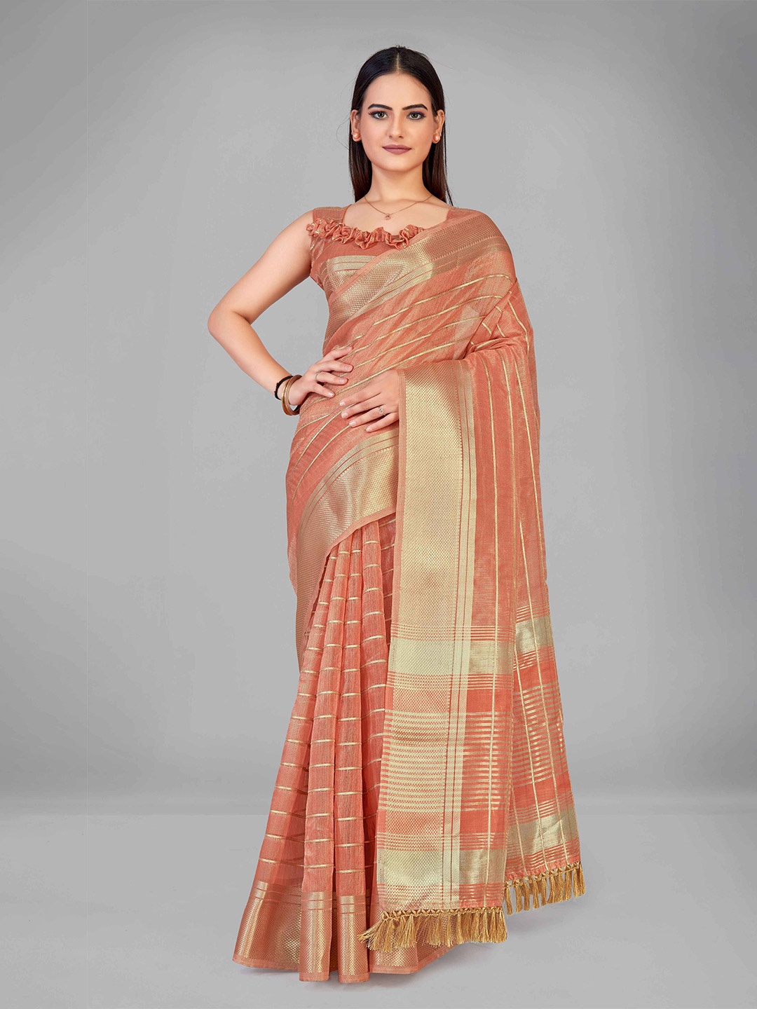 

MANOHARI Peach-Coloured Striped Silk Blend Chanderi Saree
