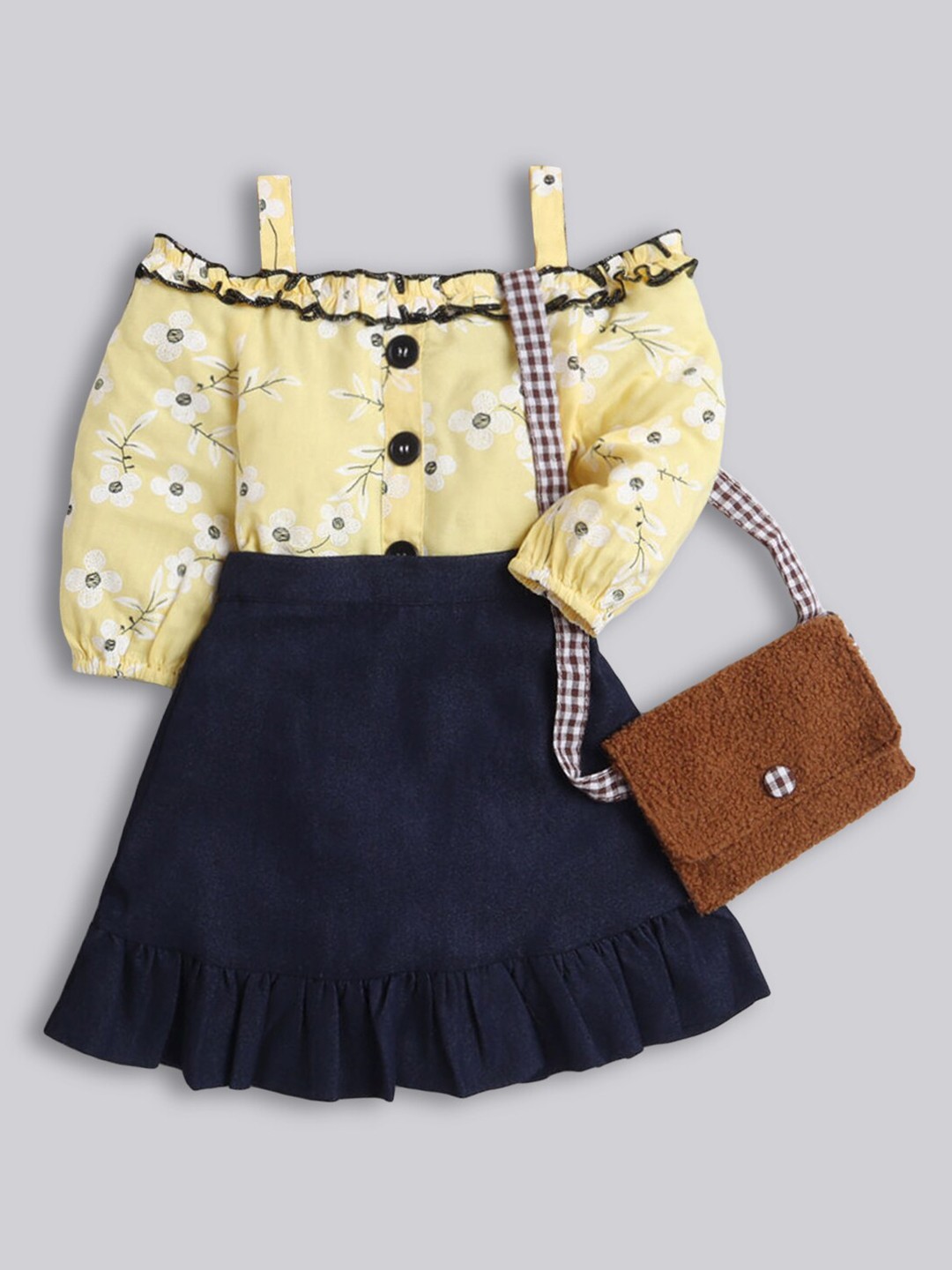 

Hopscotch Girls Yellow & Navy Blue Floral Printed Top with Skirt