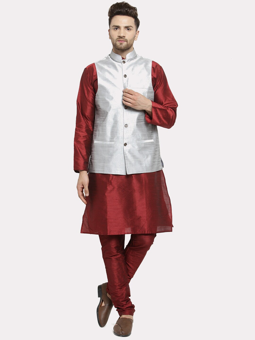 

Kaifoo Men Maroon Layered Kurta with Churidar Set With Nehru Jacket