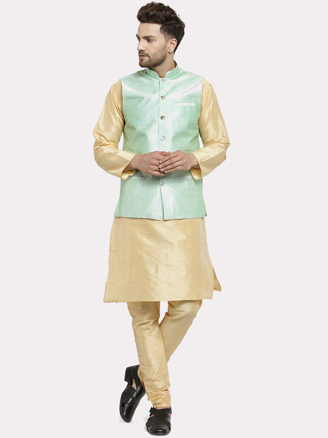 

Kaifoo Men Gold-Toned Layered Kurta Set With Nehru Jacket