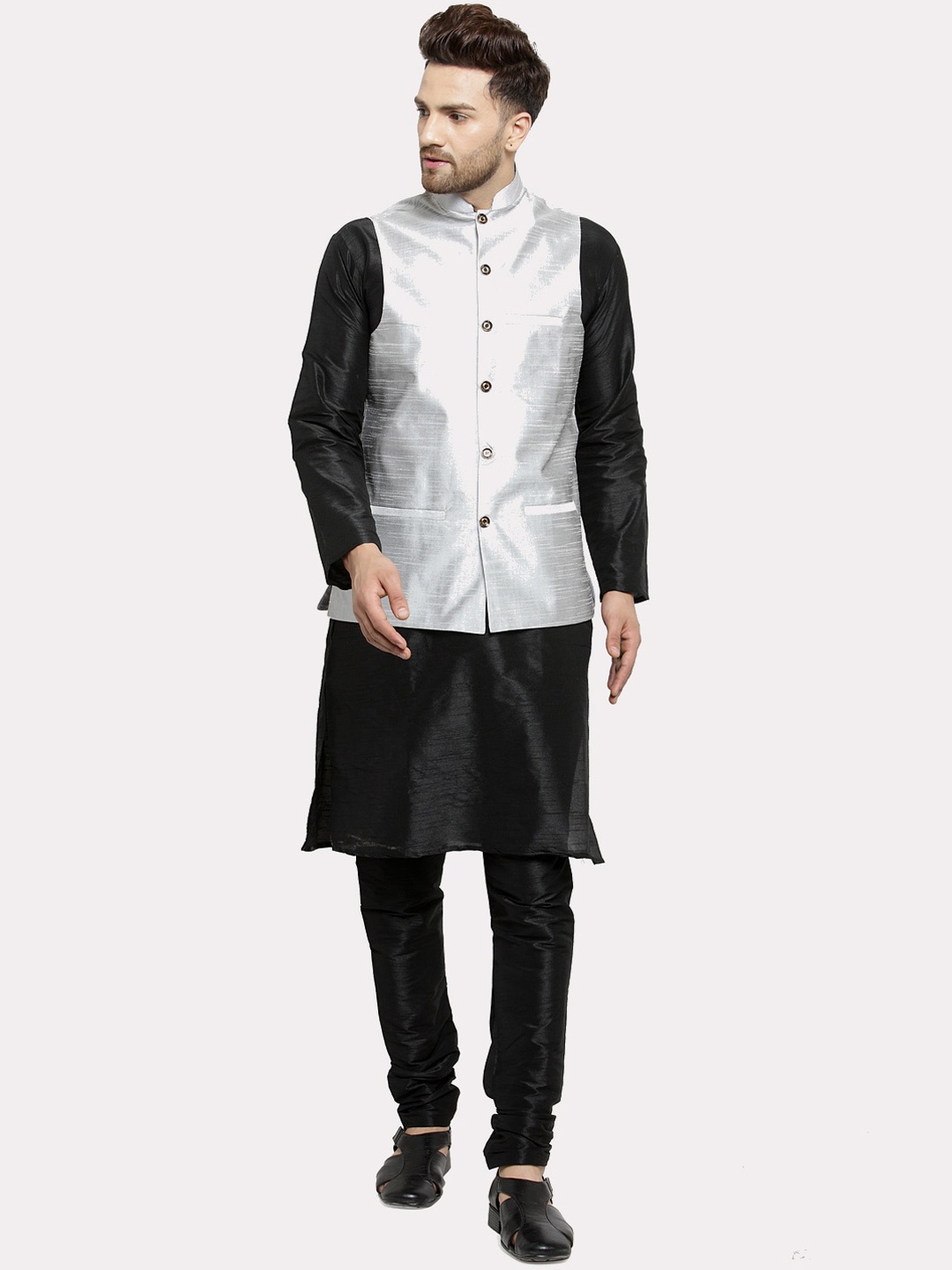 

Kaifoo Men Black Layered Kurta Set With Nehru Jacket