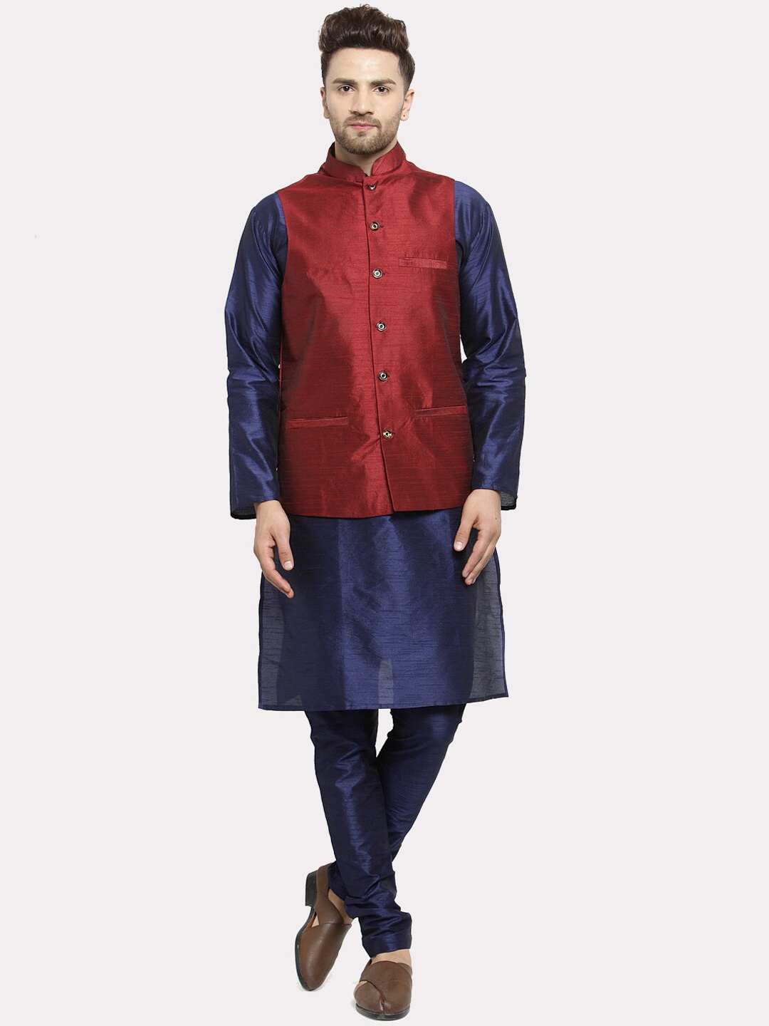 

Kaifoo Men Navy Blue Kurta with Churidar Solid Set With Nehru Jacket