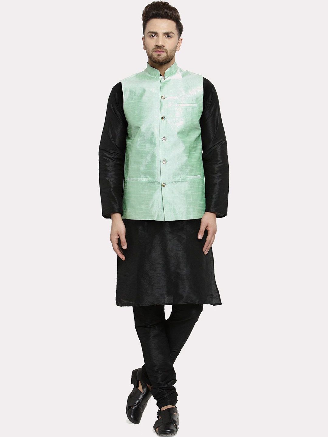 

Kaifoo Men Black Kurta with Churidar Nehru Jacket