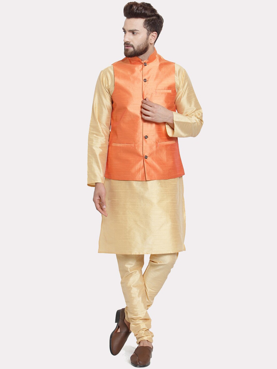 

Kaifoo Men Gold-Toned Layered Kurta with Churidar Nehru Jacket