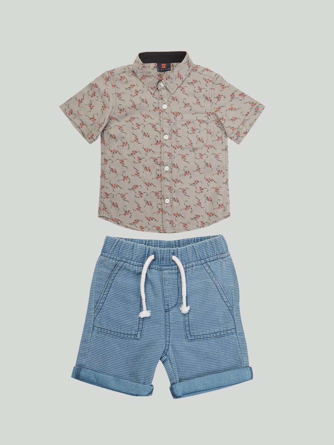 

Zalio Boys Grey & Blue Printed Cotton Shirt with Shorts