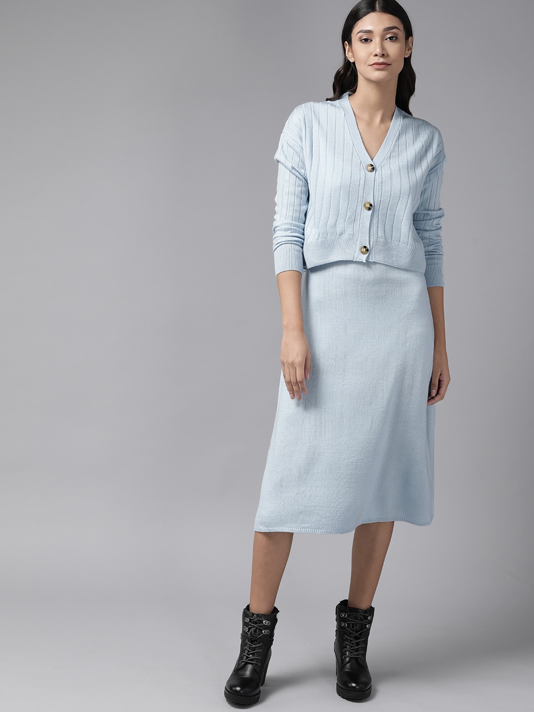 

Roadster Blue A-Line Midi Dress with Cardigan
