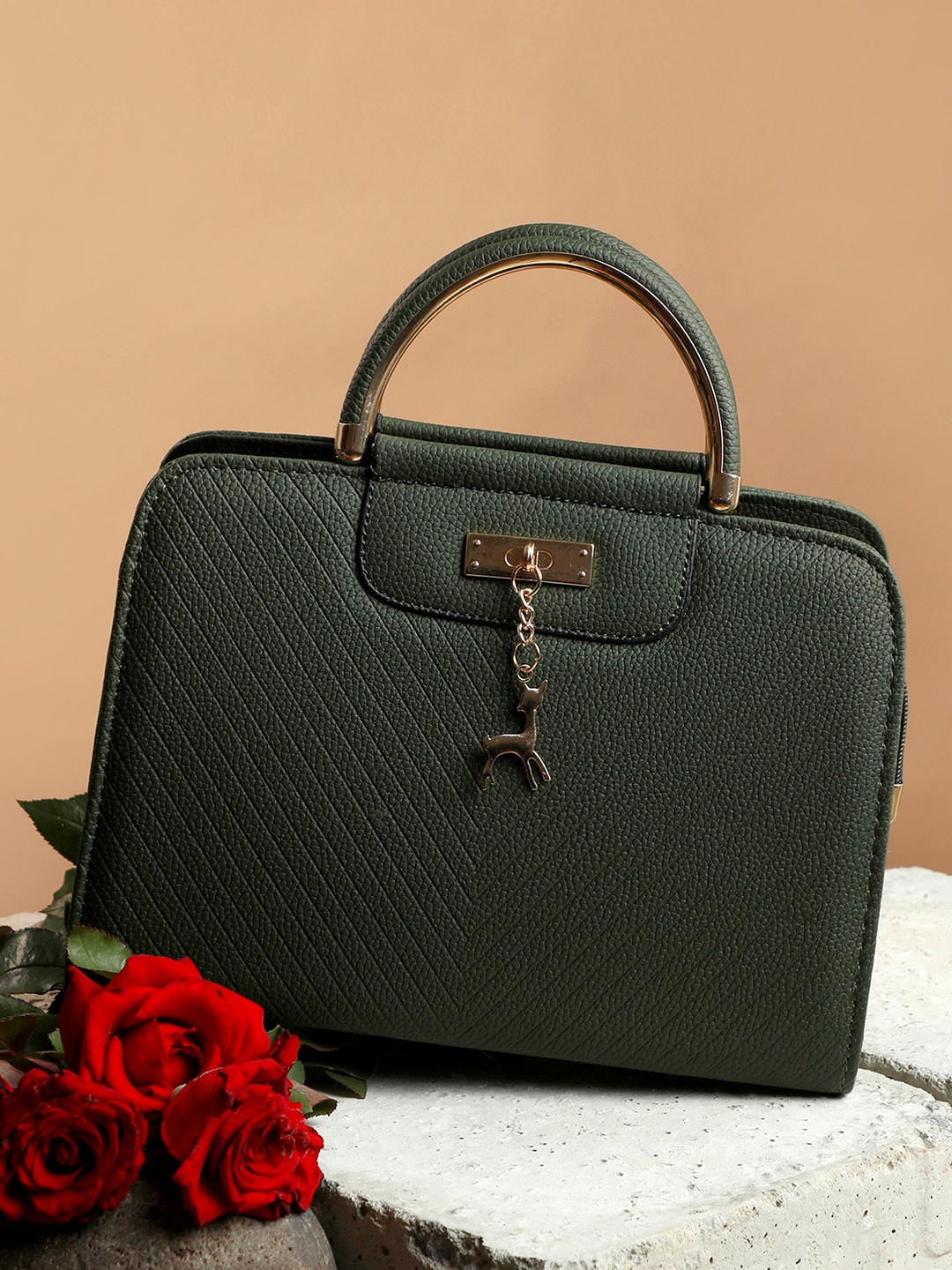 

HAUTE SAUCE by Campus Sutra Green PU Oversized Structured Handheld Bag