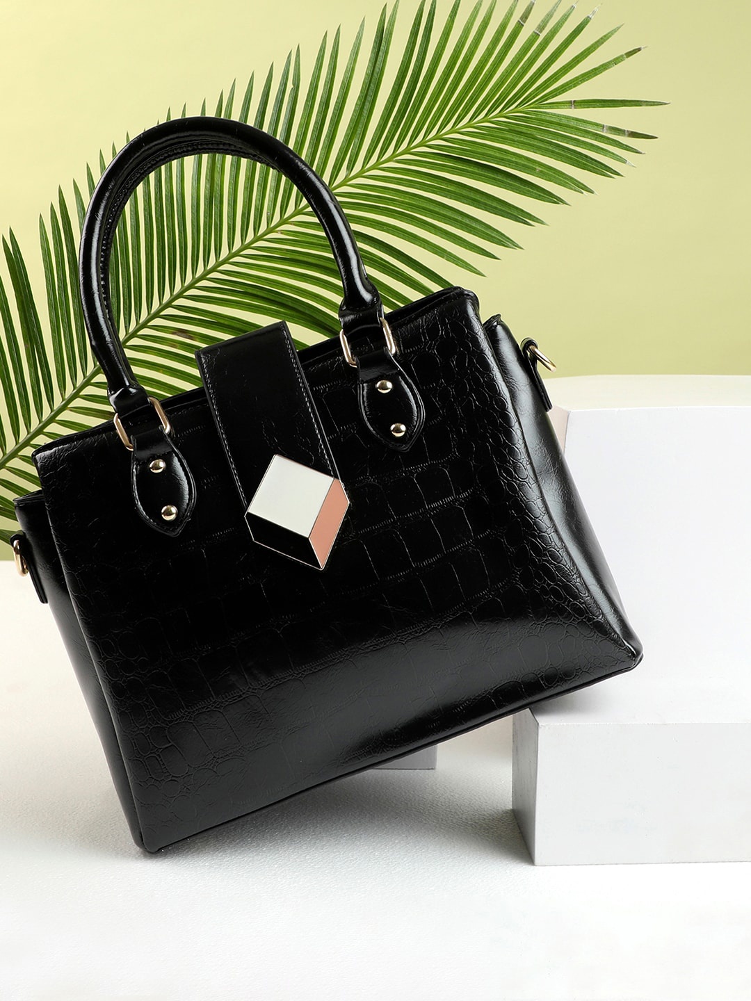 

HAUTE SAUCE by Campus Sutra Black Animal Textured PU Structured Handheld Bag