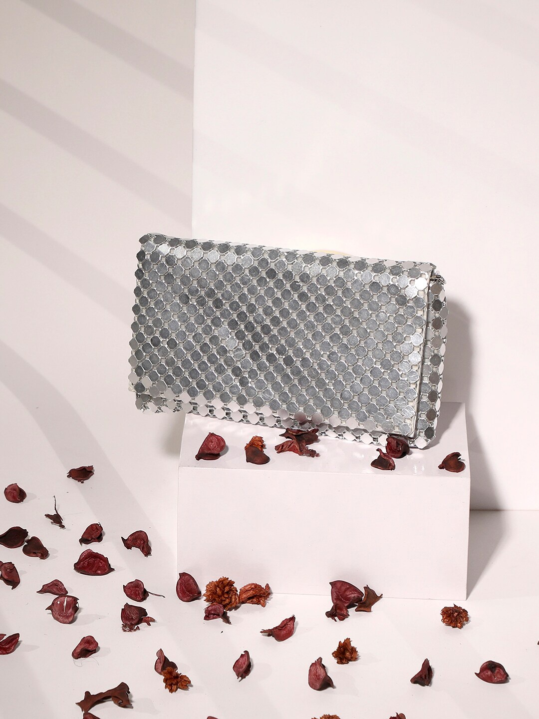 

HAUTE SAUCE by Campus Sutra Silver-Toned Textured Embellished Purse Clutch