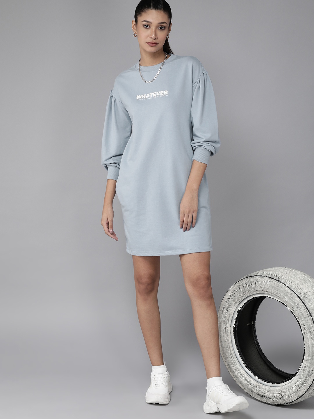 

Roadster Blue Typography Printed Drop-Shoulder Puff Sleeves T-shirt Dress