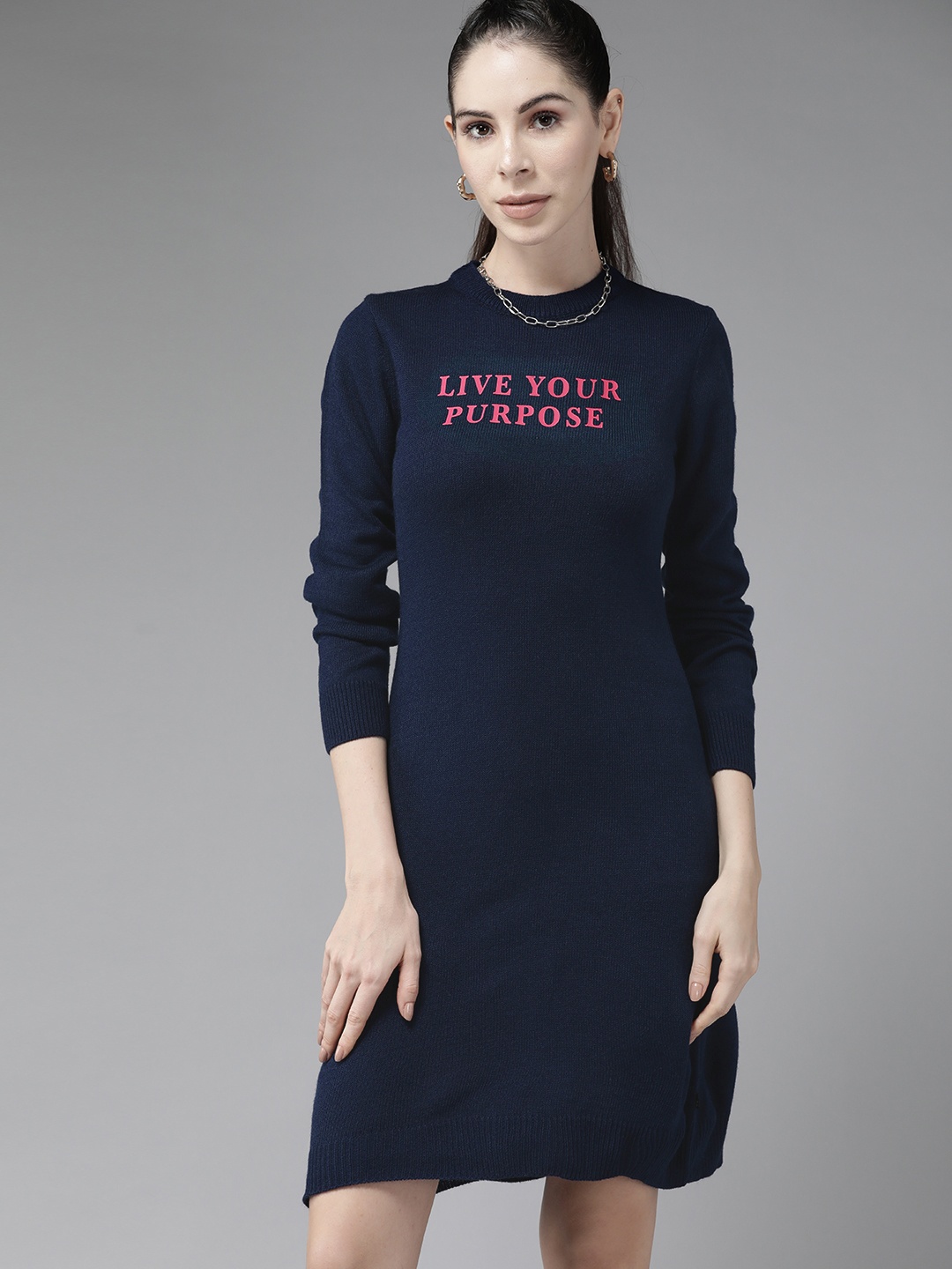 

Roadster Women Navy Blue & Pink Printed Sweater Dress