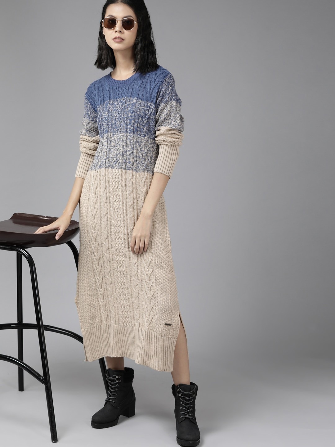 

The Roadster Lifestyle Co. Beige & Blue Acrylic Abstract Knitted Maxi Jumper Dress